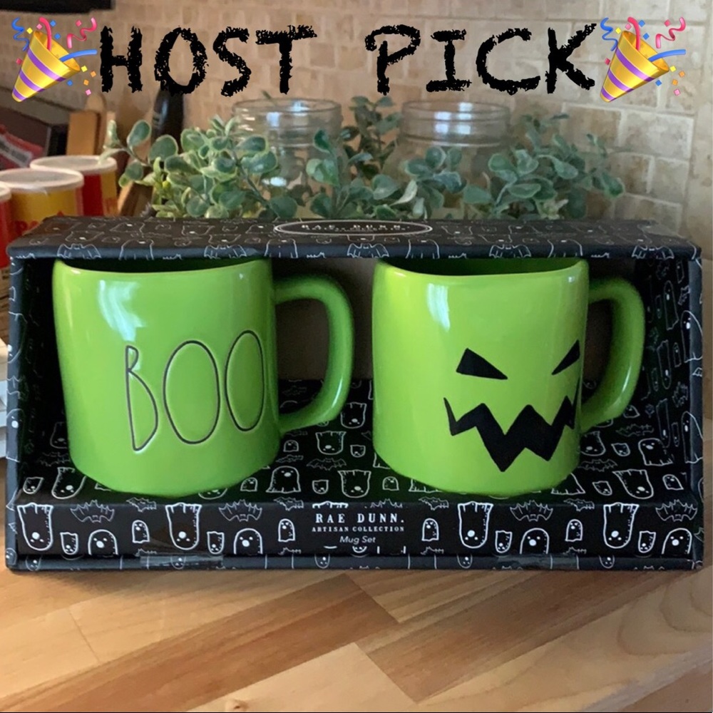 Rae Dunn “BOO” Face Green Ceramic Mug Set